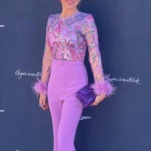 NADINE MERABI Lavender Jumpsuit with Feather Accents